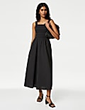 Pure Cotton Square Neck Midi Shirred Dress