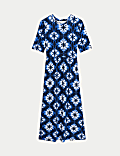 Gaun Berikat Pinggang Midi Jersey Bermotif