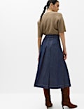 Denim Pleated Midi Skirt