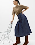 Denim Pleated Midi Skirt