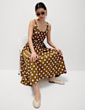 Pure Cotton Polka Dot Scoop Neck Midi Waisted Dress
