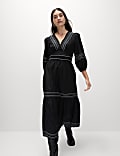 Robe midi 100 % coton brodé à taille ajustée