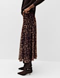 Animal Print Mesh Midi A-Line Skirt