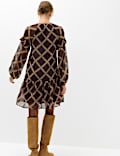 Chiffon Checked Tie Neck Mini Drop Waist Dress
