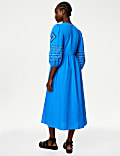 Pure Cotton Embroidered V-Neck Midi Dress