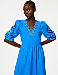 Pure Cotton Embroidered V-Neck Midi Dress