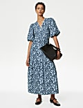 Pure Cotton Printed V-Neck Midi Wrap Dress