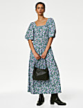 Robe midi en coton mélangé à encolure carrée et motif fleuri