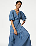 Robe portefeuille mi-longue en jean à col en V