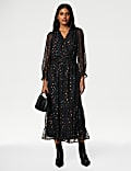 Foil Polka Dot V-Neck Midi Tiered Dress