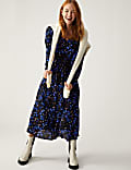 Robe midi à col V, taille ajustée et motif fleuri