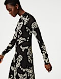 Jersey Printed Mesh Funnel Neck Midi Dress