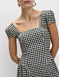 Cotton Rich Gingham Square Neck Midi Dress