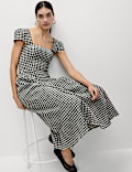 Cotton Rich Gingham Square Neck Midi Dress