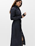 Denim Funnel Neck Midi Column Dress