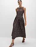Polka Dot Round Neck Midaxi Waisted Dress
