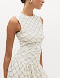 Mesh Checked Midi Dropped Waist Dress