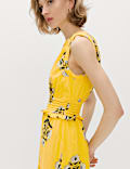 Pure Cotton Floral Midi Waisted Dress