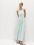 Pure Cotton Striped Midaxi Waisted Dress