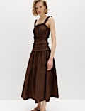 Pure Cotton Shirred Midi Waisted Dress