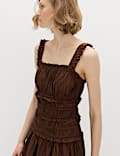 Pure Cotton Shirred Midi Waisted Dress