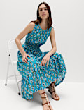 Pure Cotton Floral Midi Waisted Dress