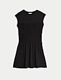 Pure Cotton Round Neck Mini Shirred Dress