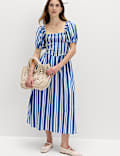 Pure Cotton Striped Shirred Midi Dress