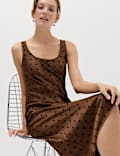 Satin Polka Dot Flocked Midi Slip Dress