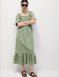 Vestido a la cintura maxi a media pierna 100% algodón con fruncido