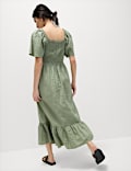 Pure Cotton Shirred Midaxi Waisted Dress