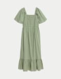 Vestido a la cintura maxi a media pierna 100% algodón con fruncido