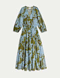 Gemustertes, tailliertes Midi-Kleid aus reiner Baumwolle mit V-Ausschnitt