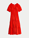 Robe midaxi 100 % coton à taille ajustée et encolure à nouer