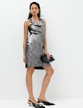 Metallic Cowl Neck Knee Length Slip Dress