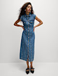 Denim praktische midi-jurk met knoopsluiting voor