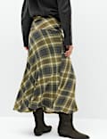 Lyocell Blend Checked Ruched Midi A-Line Skirt