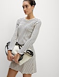 Cotton Blend Striped Mini Skater Dress