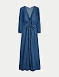 Denim V-Neck Tie Waist Midi Tea Dress