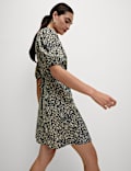 Printed V-Neck Tie Waist Mini Tea Dress