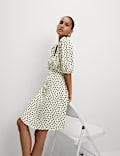 Printed V-Neck Tie Waist Mini Tea Dress