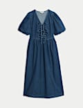 Denim V-Neck Tie Detail Midi Waisted Dress
