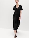 Jersey V-Neck Midi Drop Waist Dress