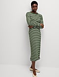 Cotton Blend Striped Midi Skater Dress