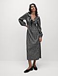Checked V-Neck Ruffle Midi Waisted Dress