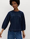 Pure Cotton Denim Crew Neck Blouse