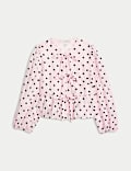 Polka Dot Tie Front Puff Sleeve Blouse