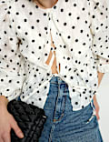 Polka Dot Tie Front Puff Sleeve Blouse