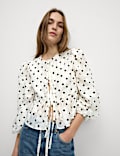 Polka Dot Tie Front Puff Sleeve Blouse