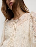 Lace Round Neck Tie Front Blouse